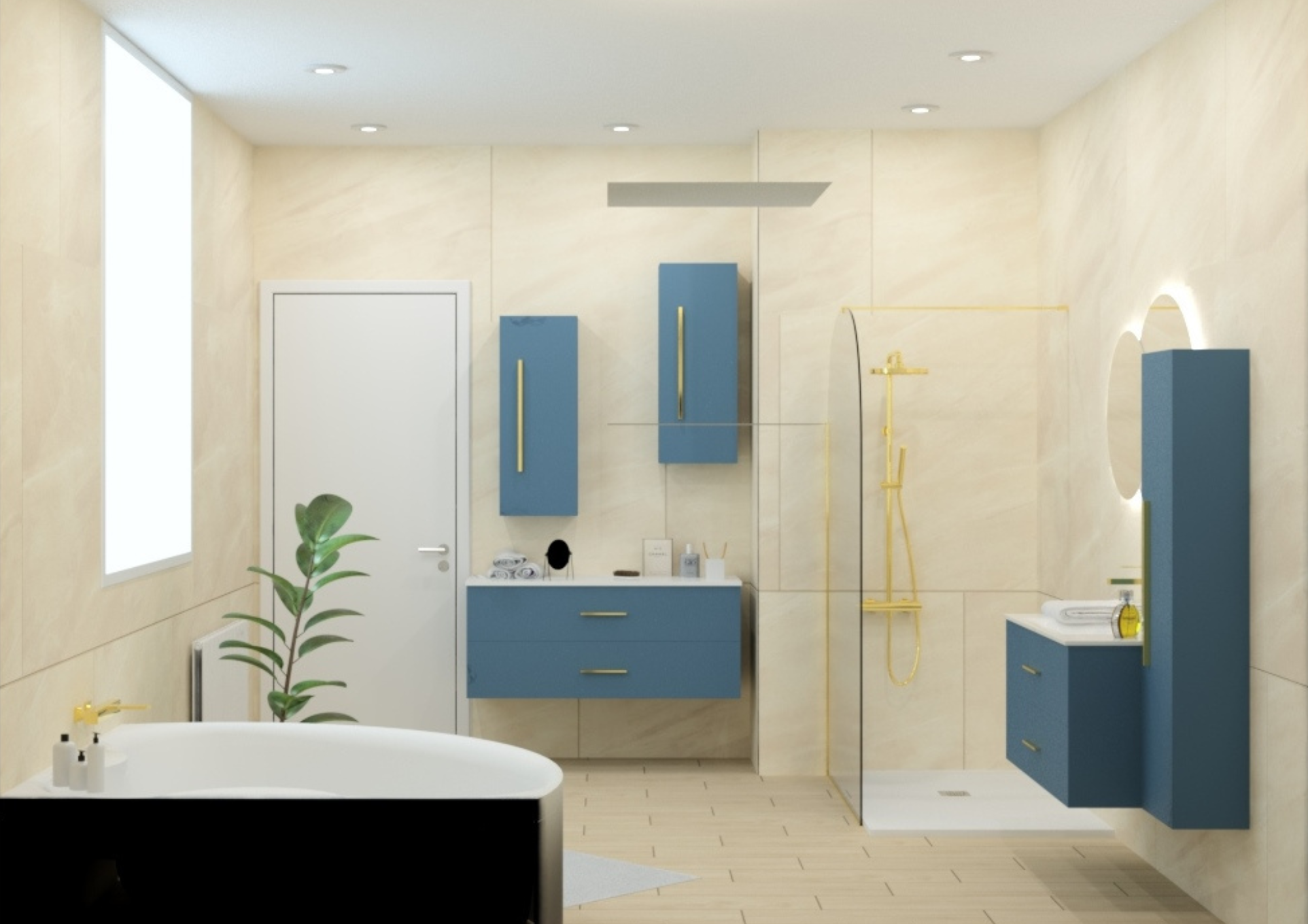 Salle de bain moderne avec baignoire noire, meuble bleu avec vasque, douche à l'italienne et accessoires dorés
